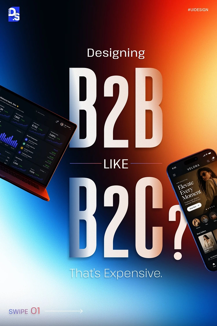 Creative ad: Giant B2B vs B2C type flanked by tilted laptop and phone UI mockups