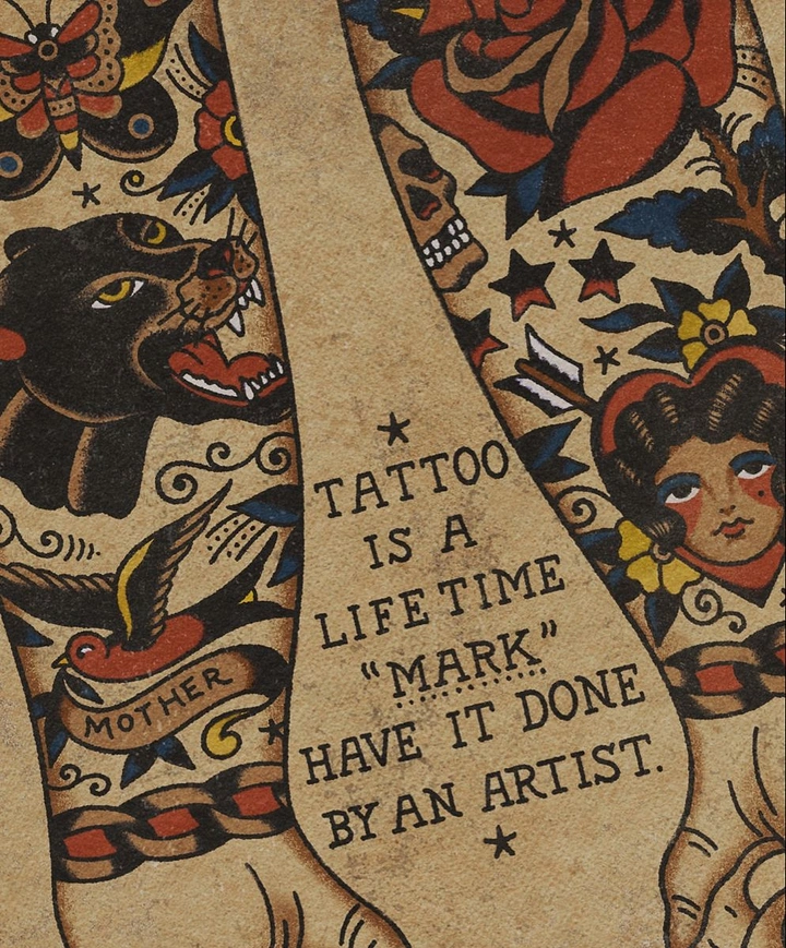Tattoo Studios creative ad: Copy written on flash-tattooed legs