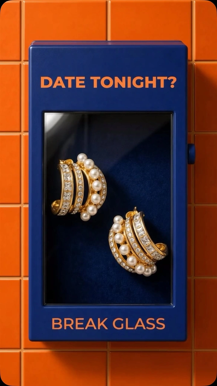 Valentine's Day creative ad: Pearl and crystal gold earrings in a 'break glass' emergency box