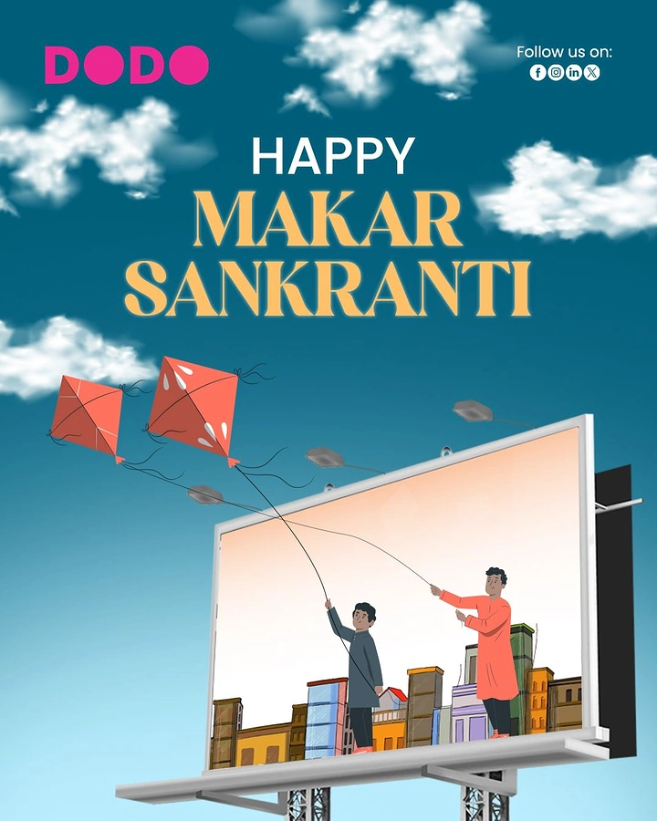 Makar Sankranti creative ad: 3D billboard showing illustrated kids flying kites that break out of the frame