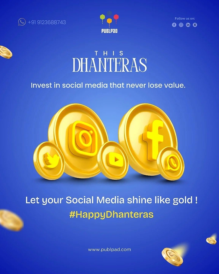 Dhanteras creative ad: Glossy 3D gold coins embossed with social media logos