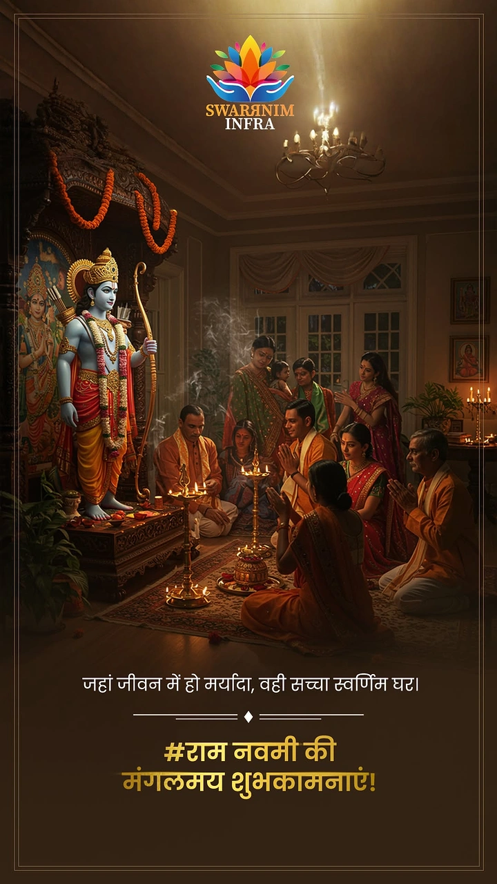 other-festival creative ad: Family praying before Lord Ram idol in a home shrine