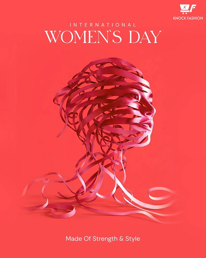Women's Day creative ad: Woman's head sculpted from curling pink paper ribbons