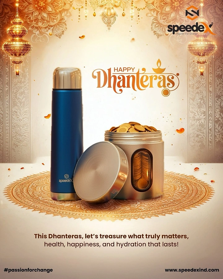 Dhanteras creative ad: Blue steel flask and coin-filled steel canister