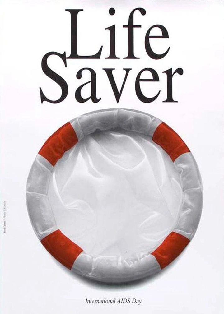 other-festival creative ad: Unrolled condom styled as a red-and-white life ring