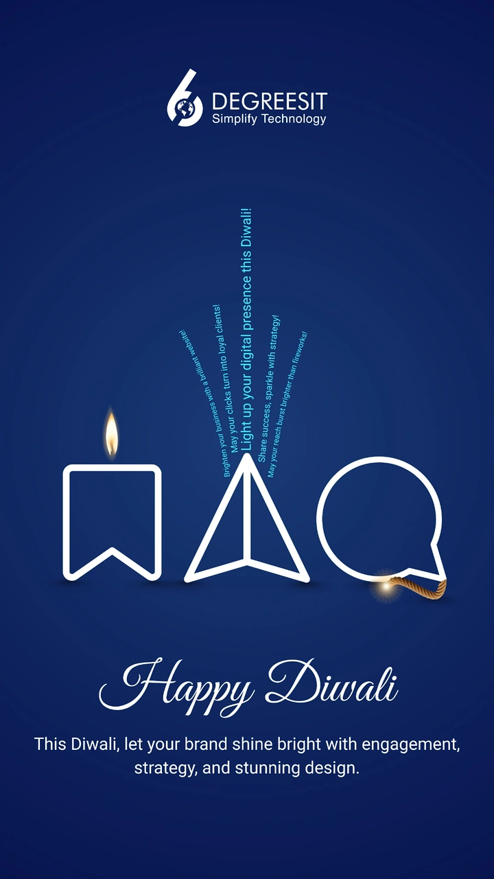 Diwali creative ad: Social media line icons (bookmark, send, chat) reimagined as candle, rocket and bomb firecracker