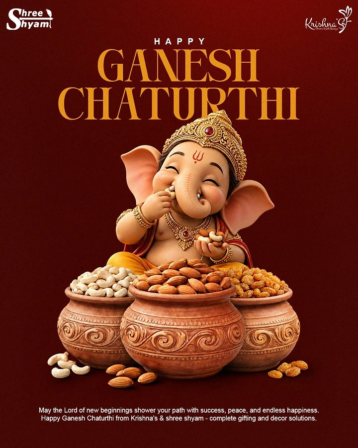 Ganesh Chaturthi creative ad: 3D baby Ganesha eating dry fruits from carved clay pots