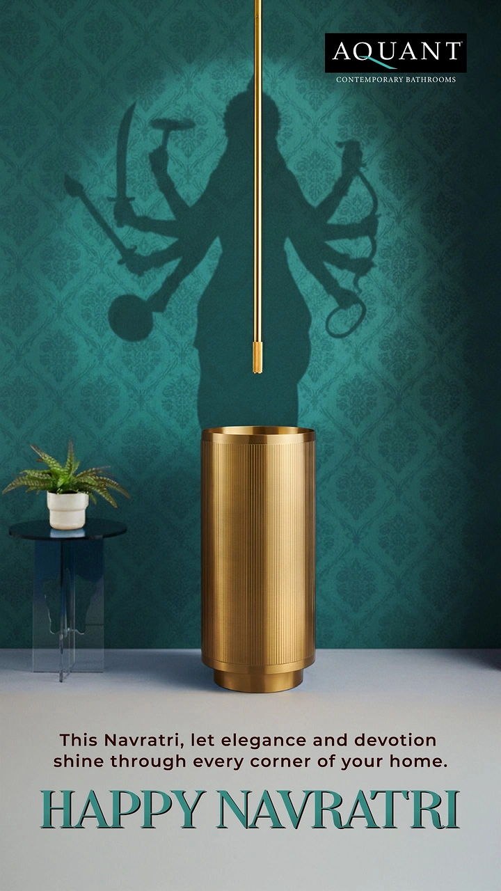 Navratri creative ad: Brushed-gold pedestal basin casting a multi-armed goddess shadow