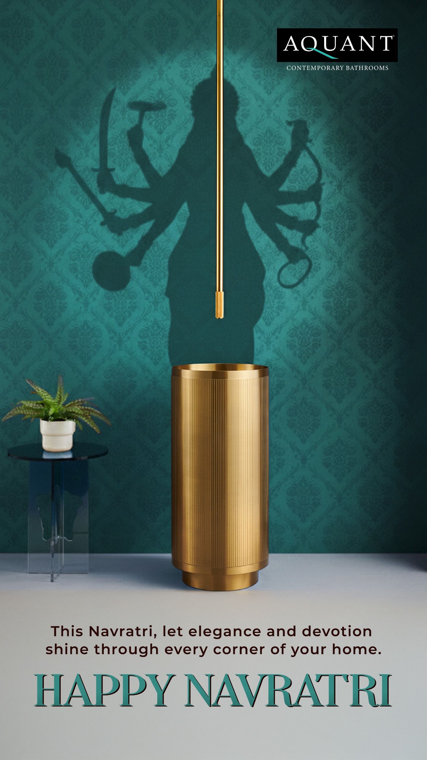 Brushed-gold pedestal basin casting a multi-armed goddess shadow