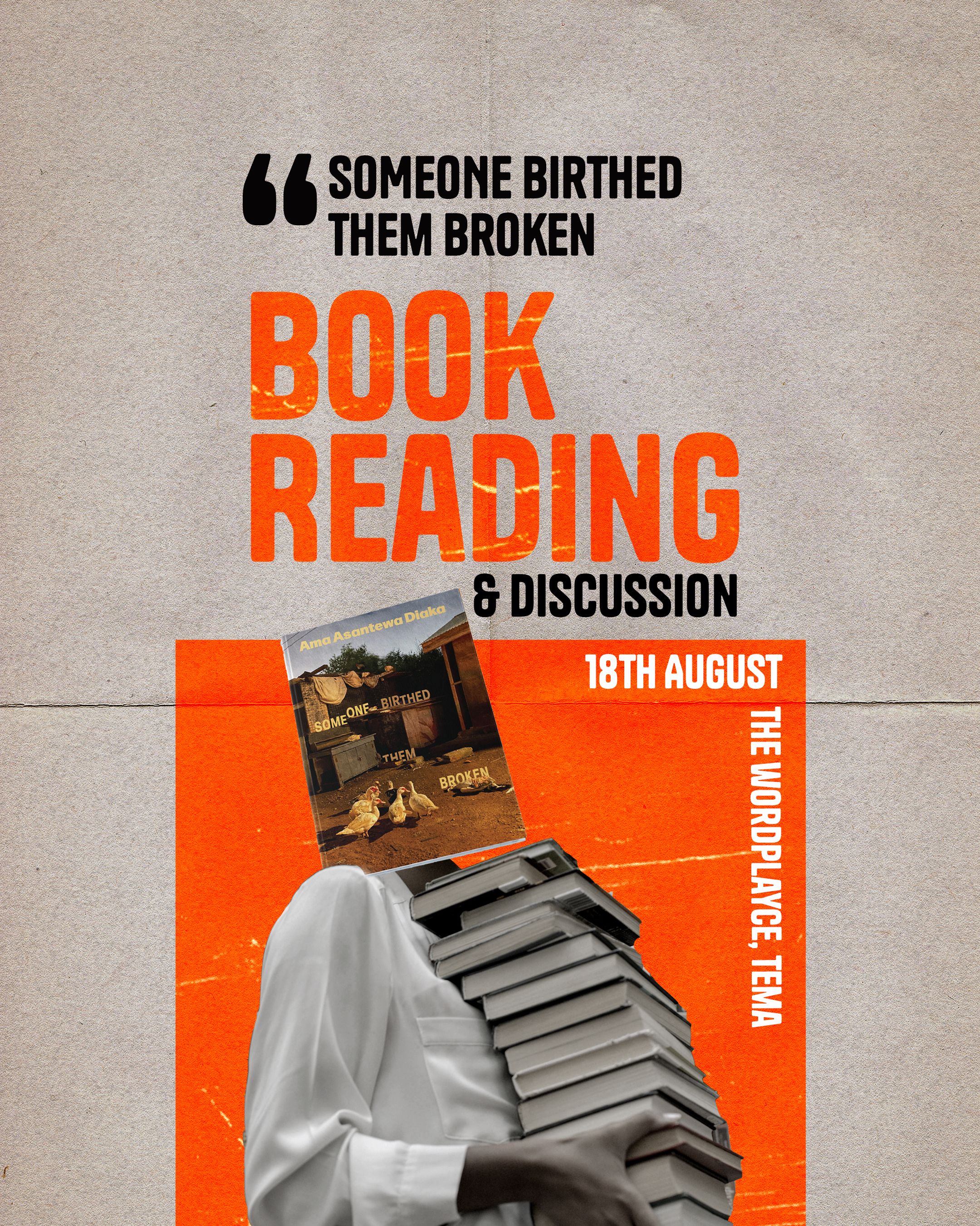 Bold collage poster, book-stack head