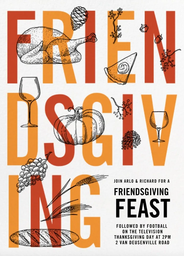 Thanksgiving creative ad: Giant stacked letters overlaid with engraved feast illustrations