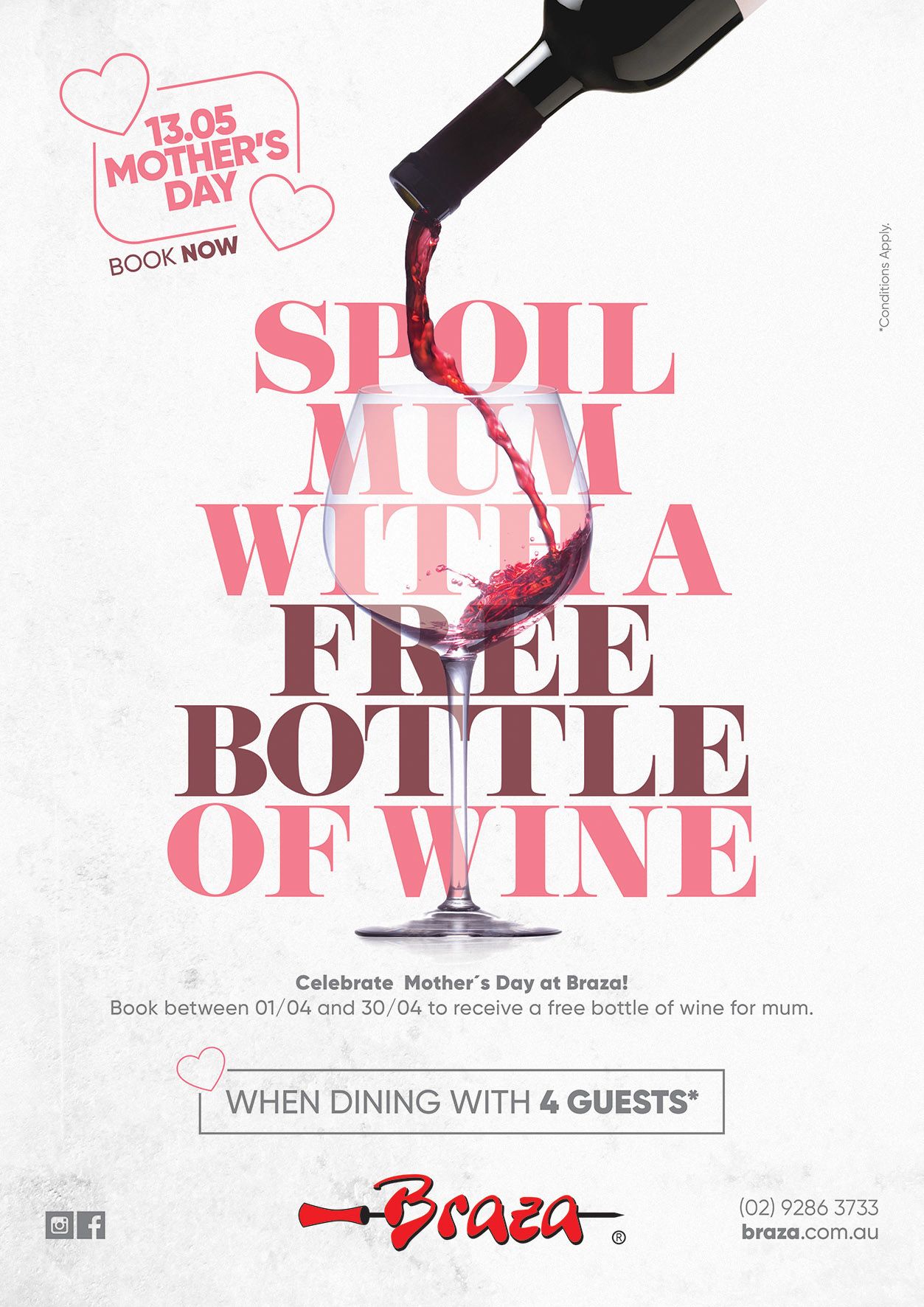 Mother's Day Poster: Red wine pouring from a bottle into a large glass through stacked headline type
