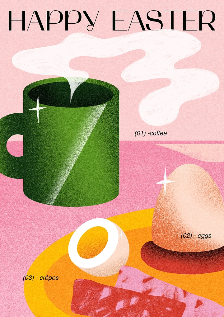 Easter creative ad: Grainy flat illustration of Easter breakfast: coffee mug, eggs, crepes