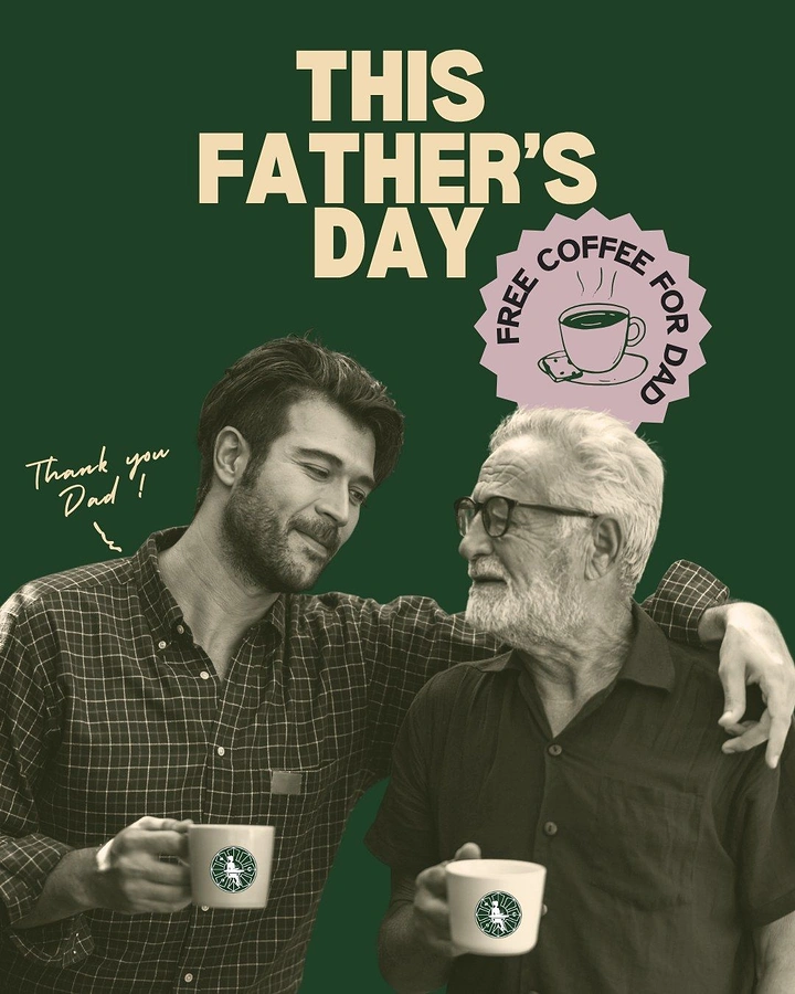 Father's Day creative ad: Adult son and elderly father holding branded coffee mugs