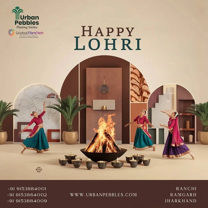 Lohri creative ad: Dancers around a bonfire in a staged interior of arched material panels