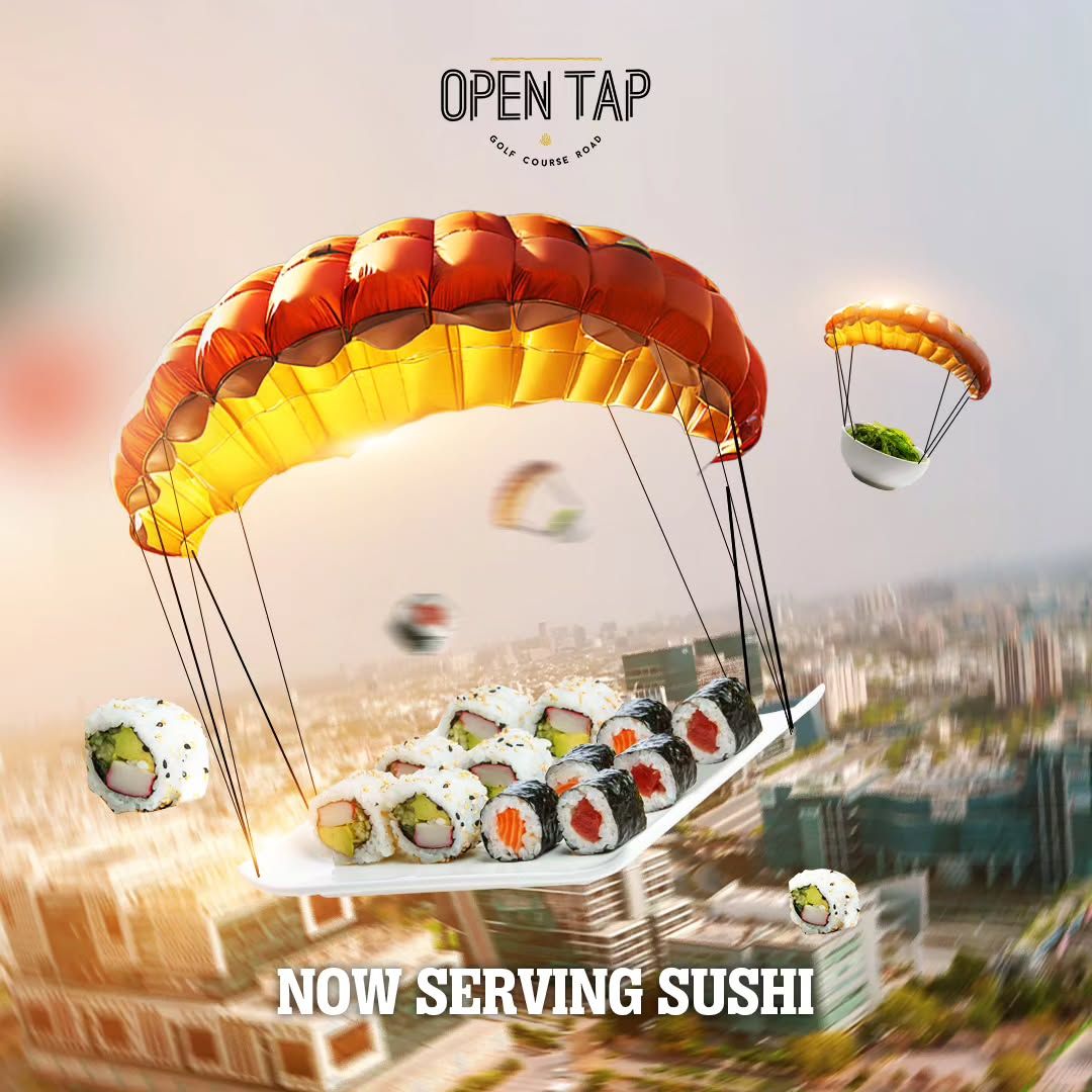 Instagram post: Surreal parachuting sushi serving metaphor