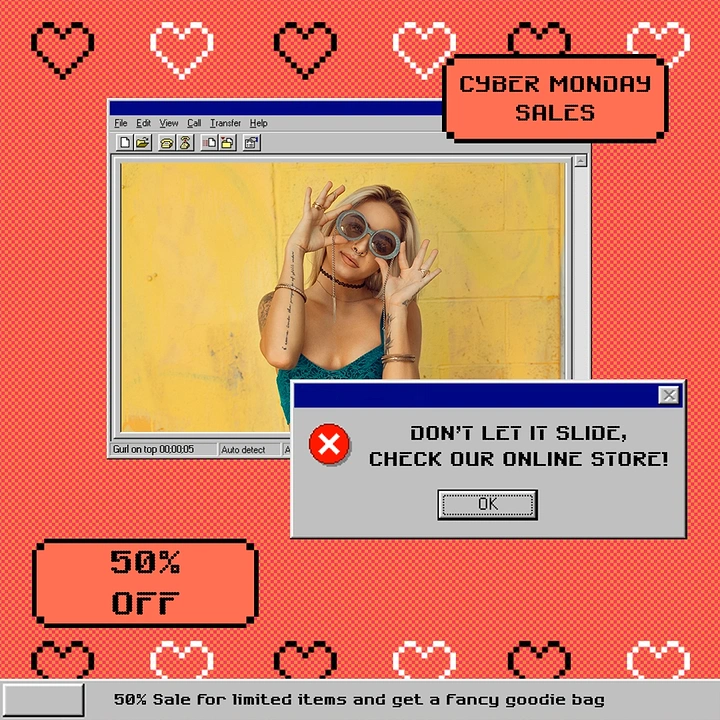 Cyber Monday creative ad: Woman with round sunglasses in retro OS window