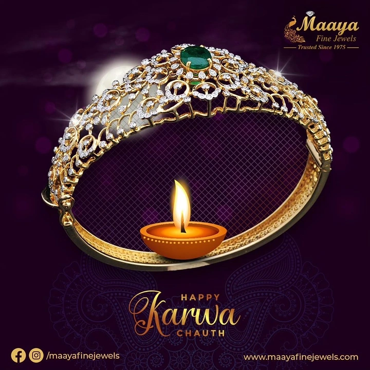 Karwa Chauth creative ad: Diamond-and-emerald gold bangle as a sieve with a diya inside