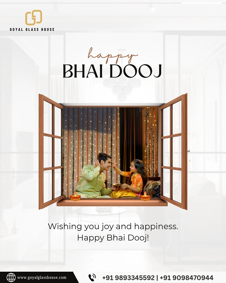 Bhai Dooj creative ad: Brother and sister celebrating Bhai Dooj framed inside an open wooden casement window
