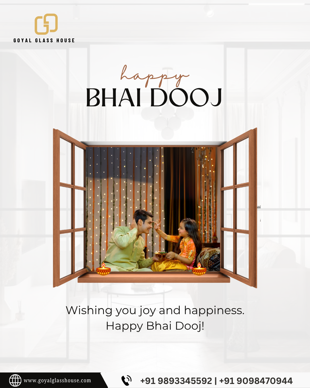 Brother and sister celebrating Bhai Dooj framed inside an open wooden casement window
