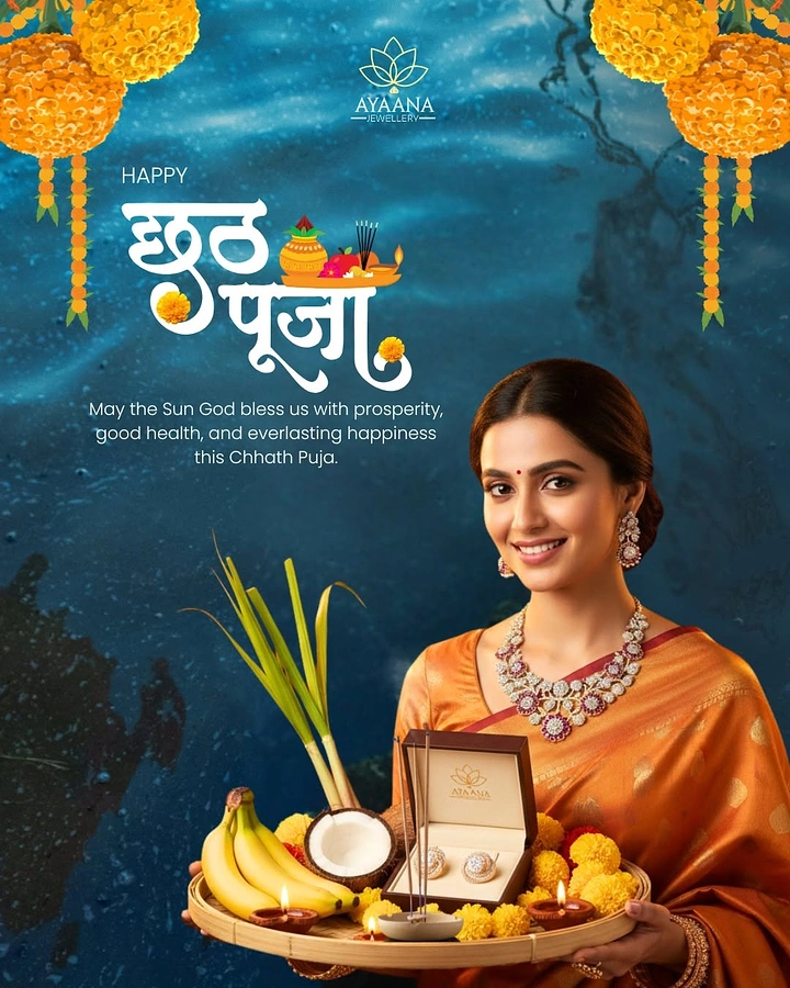 Chhath Puja creative ad: Woman in an orange saree holding a Chhath offering tray with a jewellery box