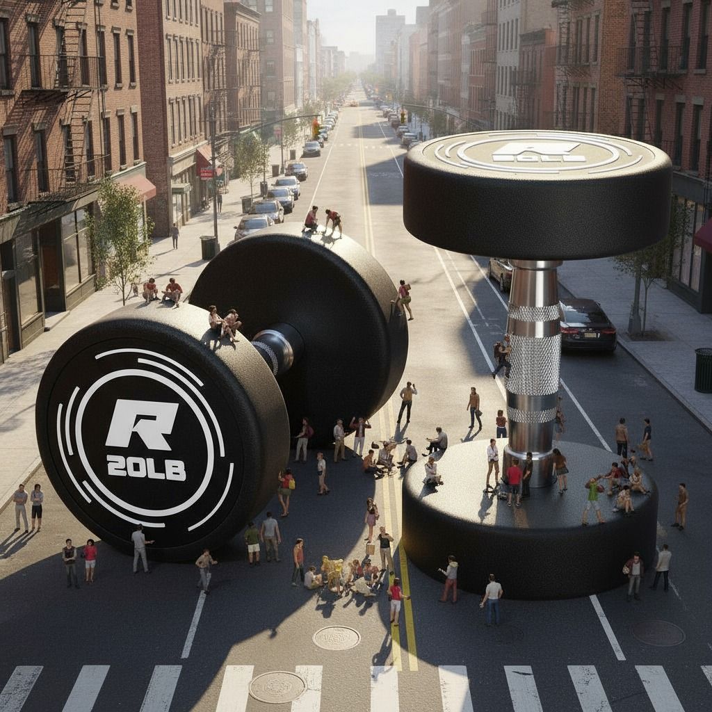 Instagram post: Oversized dumbbells transform city streets