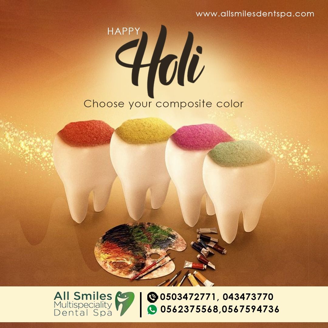 Holi Instagram post: Four 3D molars topped with coloured gulal powder like composite fillings