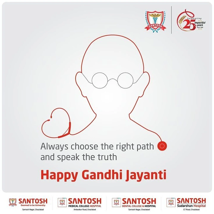 Gandhi Jayanti creative ad: Gandhi head outline drawn with a red stethoscope line