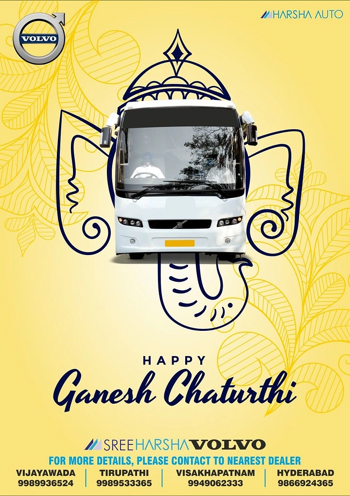 Ganesh Chaturthi creative ad: White coach bus framed as Ganesha's face in navy line art