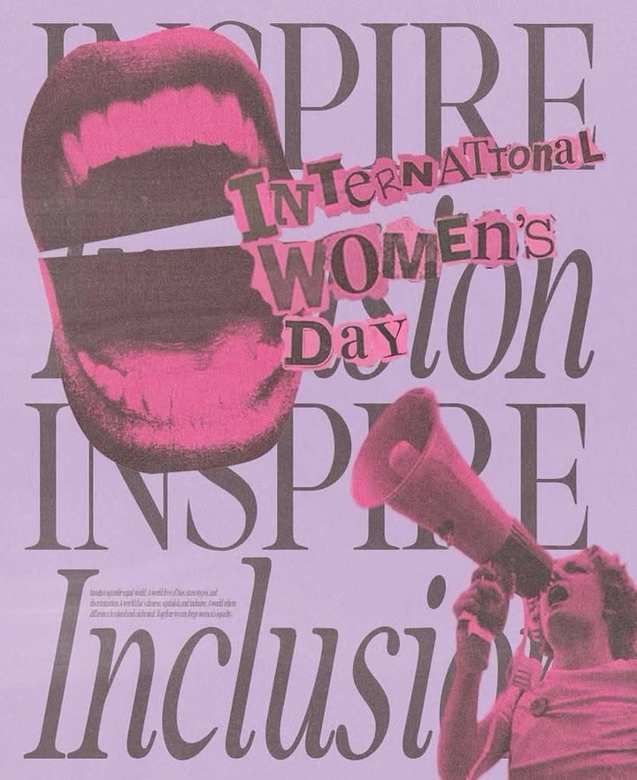 Women's Day creative ad: Screaming mouth and woman shouting into a megaphone
