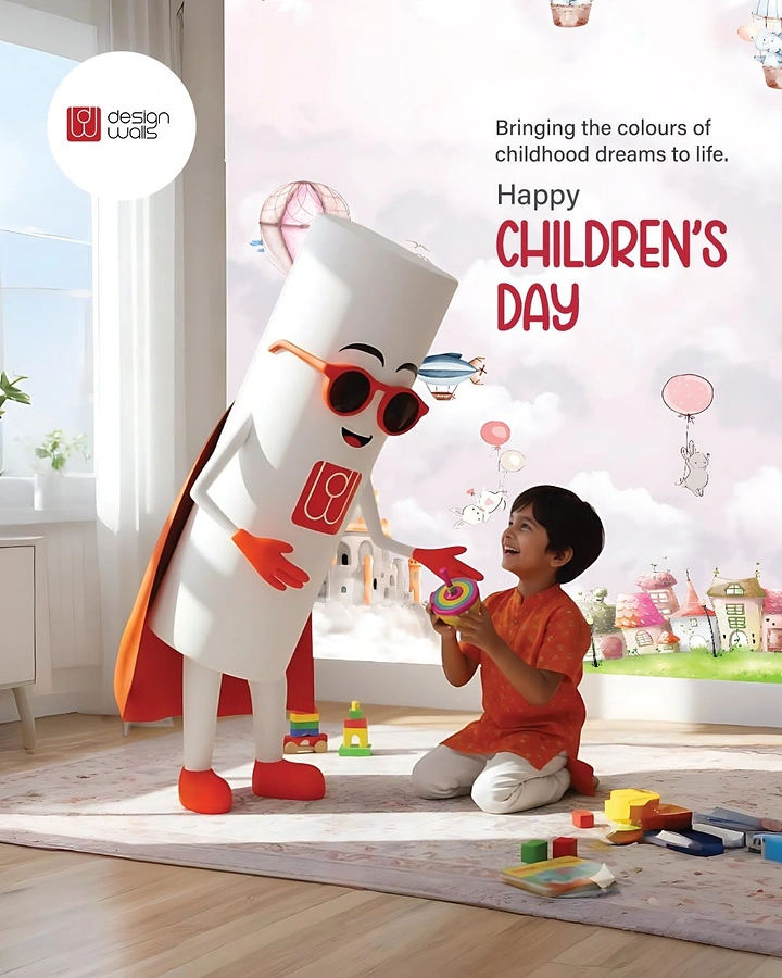 Children's Day creative ad: Wallpaper-roll mascot with sunglasses handing a toy to a smiling boy