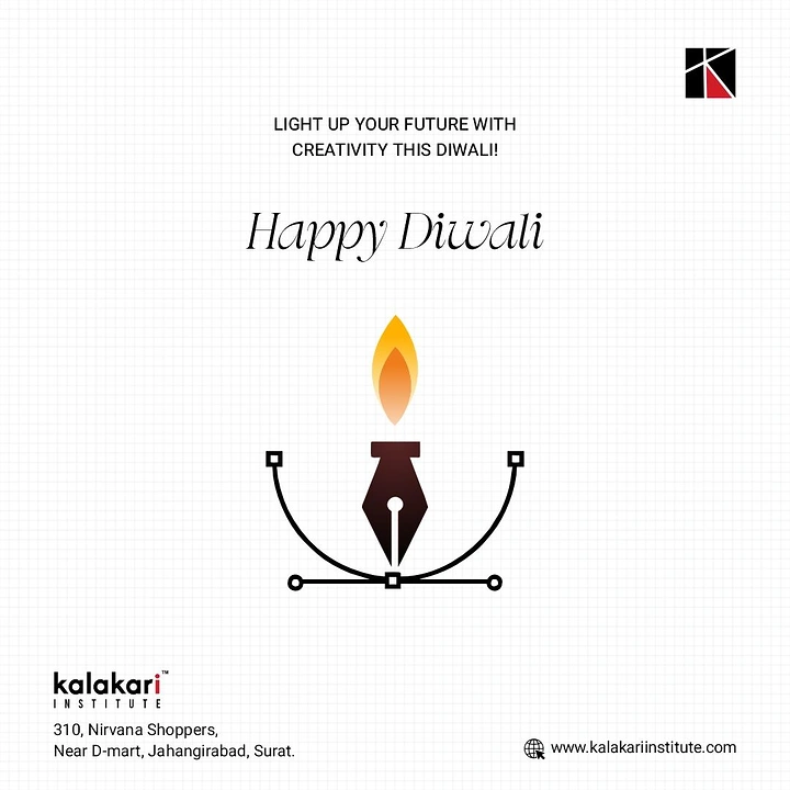 Diwali creative ad: Fountain pen nib with flame forming a diya on a bezier curve