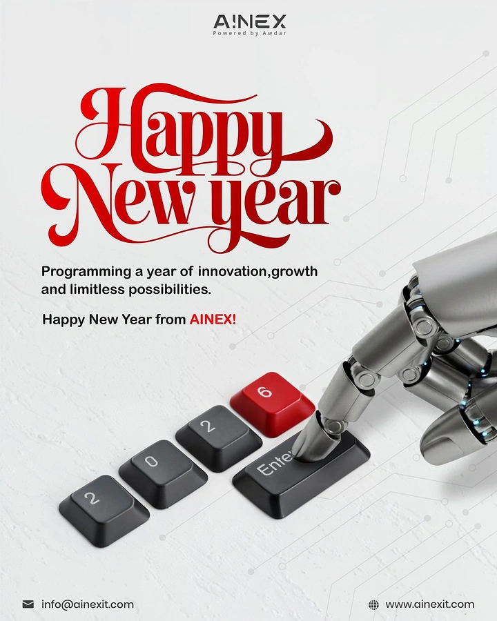New Year creative ad: Robotic hand pressing Enter after keycaps spelling the new year