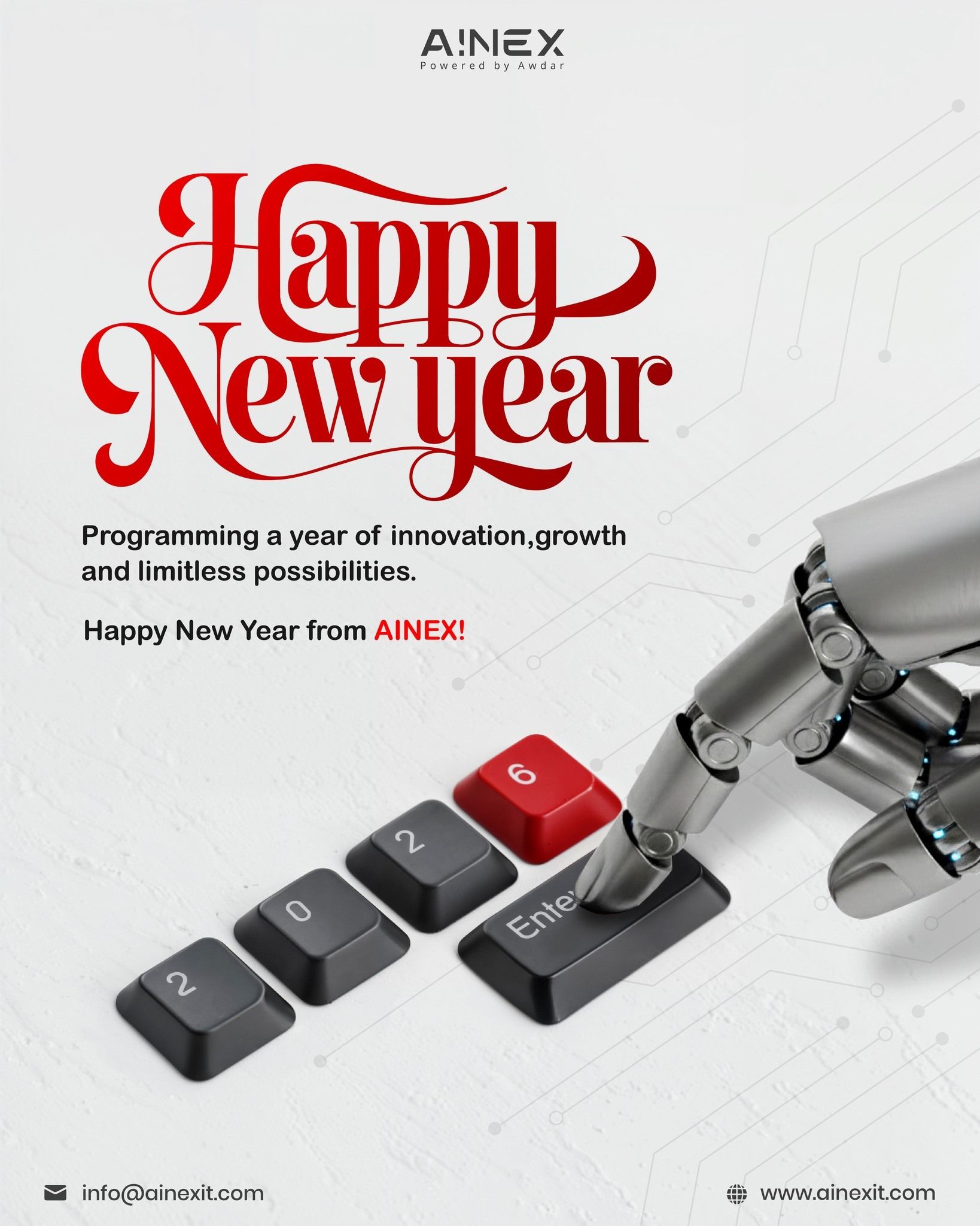 New Year Instagram post: Robotic hand pressing Enter after keycaps spelling the new year