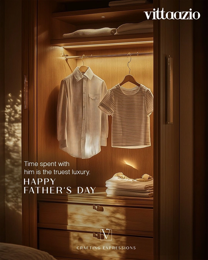 other-festival creative ad: Open wooden wardrobe with a man's shirt beside a child's striped tee