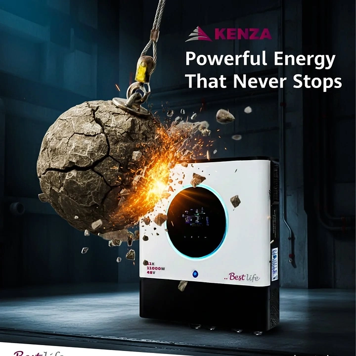 Batteries & Inverters creative ad: Cracked stone wrecking ball smashing into a solar inverter