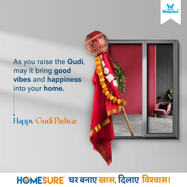 other-festival creative ad: Gudi with a red saree cloth leaning out of a modern window