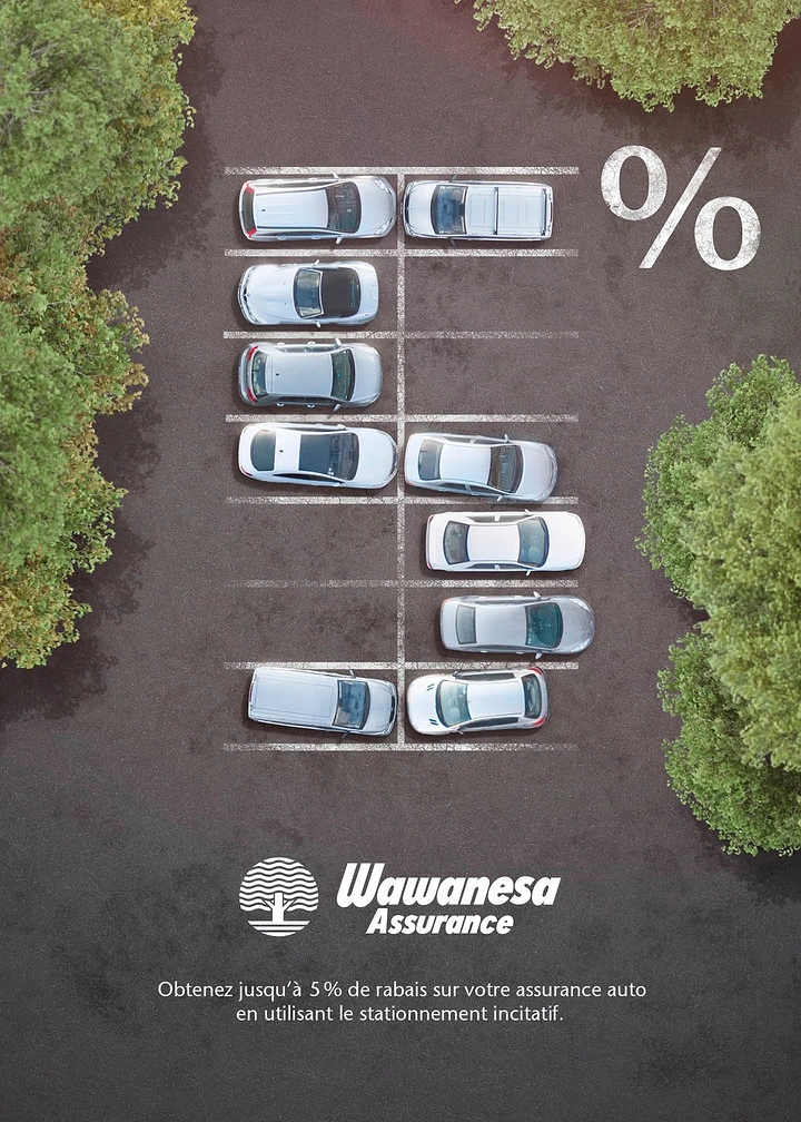 Insurance creative ad: Aerial parking lot with cars arranged to form a percent sign