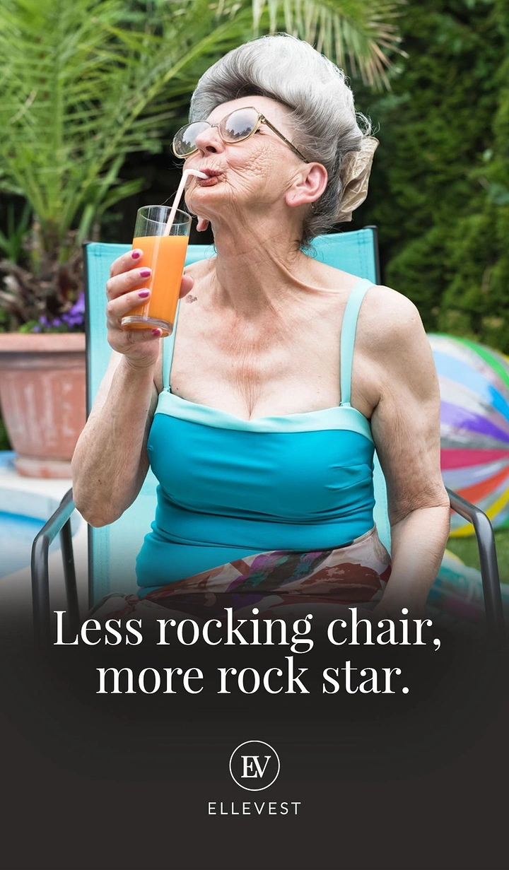 Stock Brokers & Investing creative ad: Glamorous elderly woman sipping juice poolside