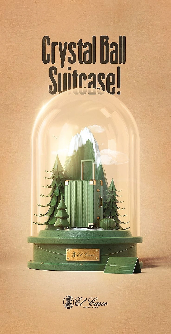 Christmas creative ad: Green suitcase in a glass-dome snow globe diorama