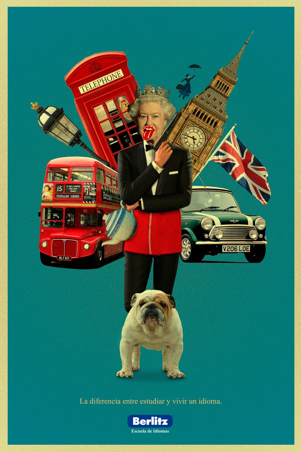 Poster: Surreal collage of British icons around a crowned queen figure