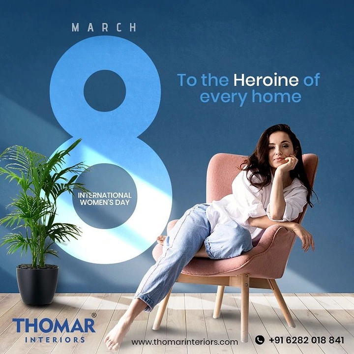 Women's Day creative ad: Woman lounging in a pink armchair before a giant 8