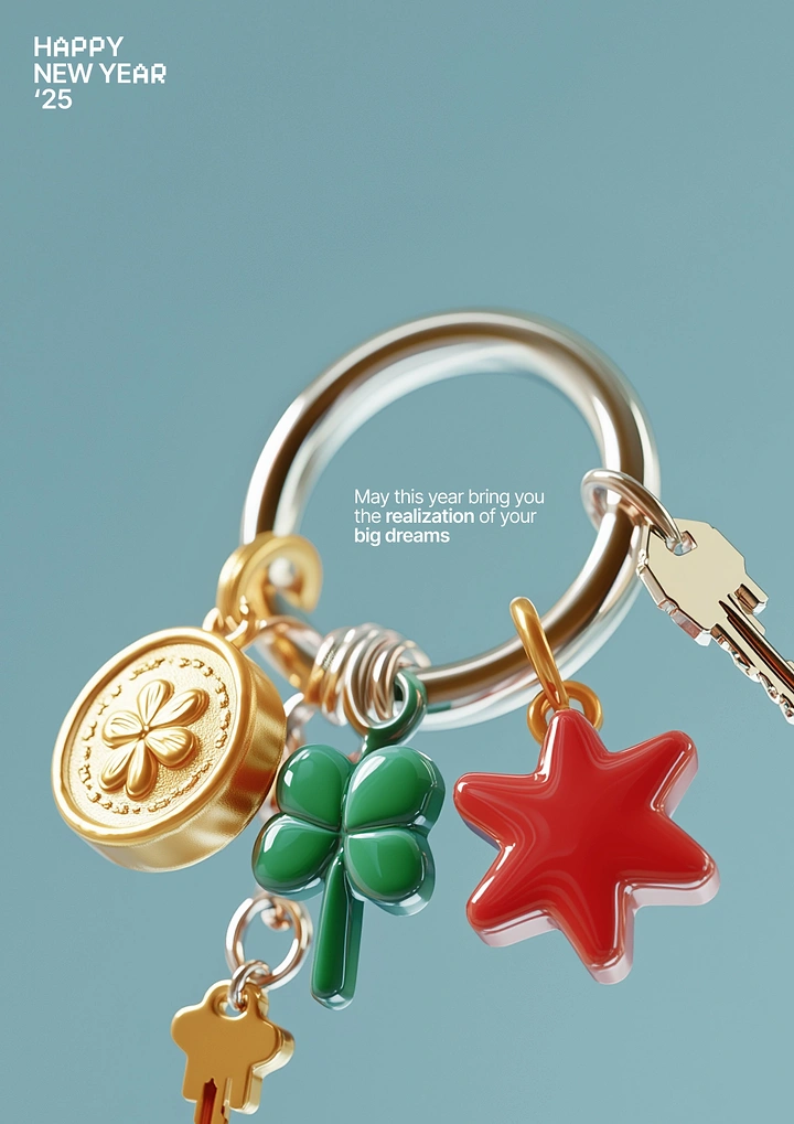 New Year creative ad: 3D keyring with lucky charms: gold coin, clover, star and keys