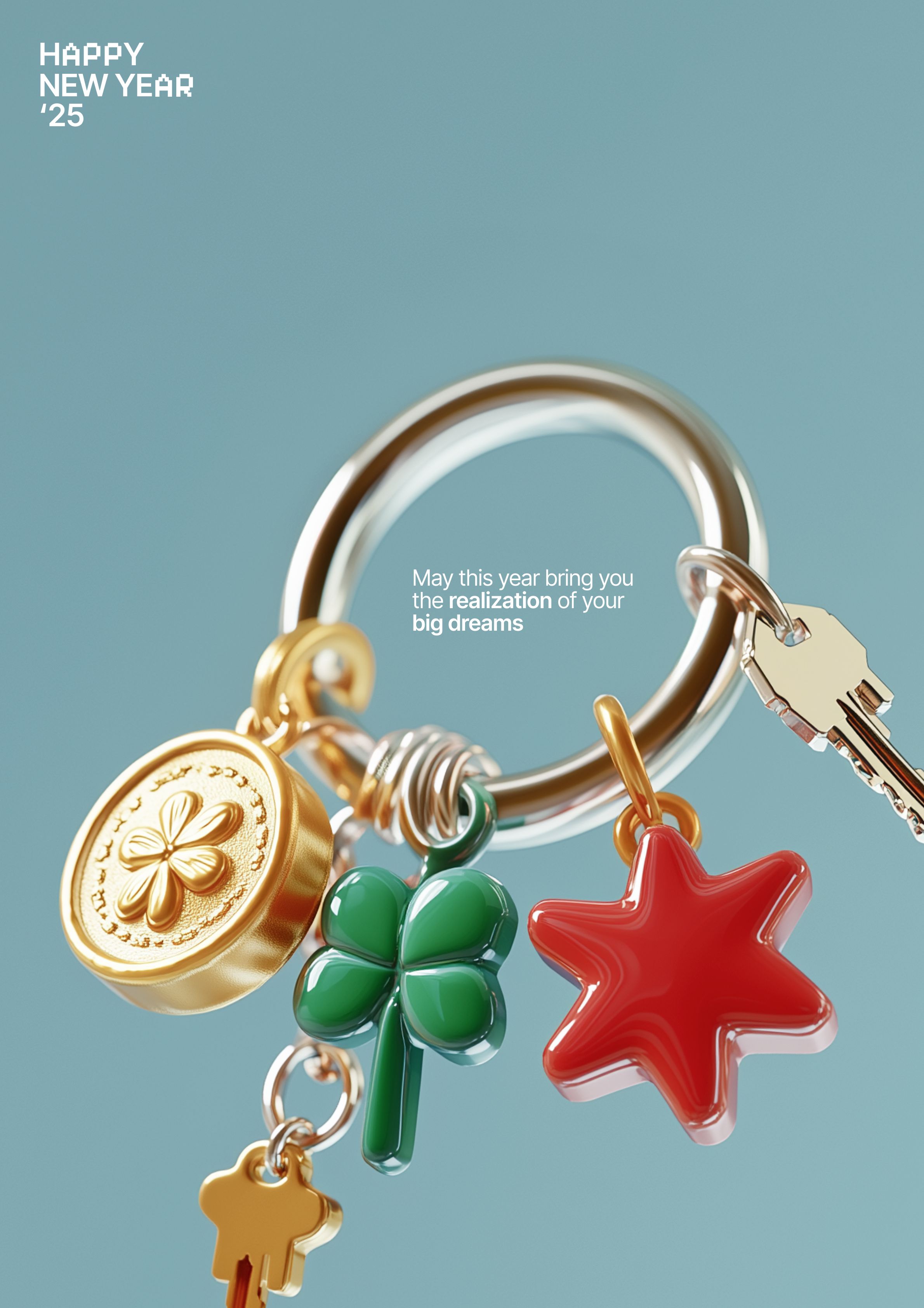 3D keyring with lucky charms: gold coin, clover, star and keys