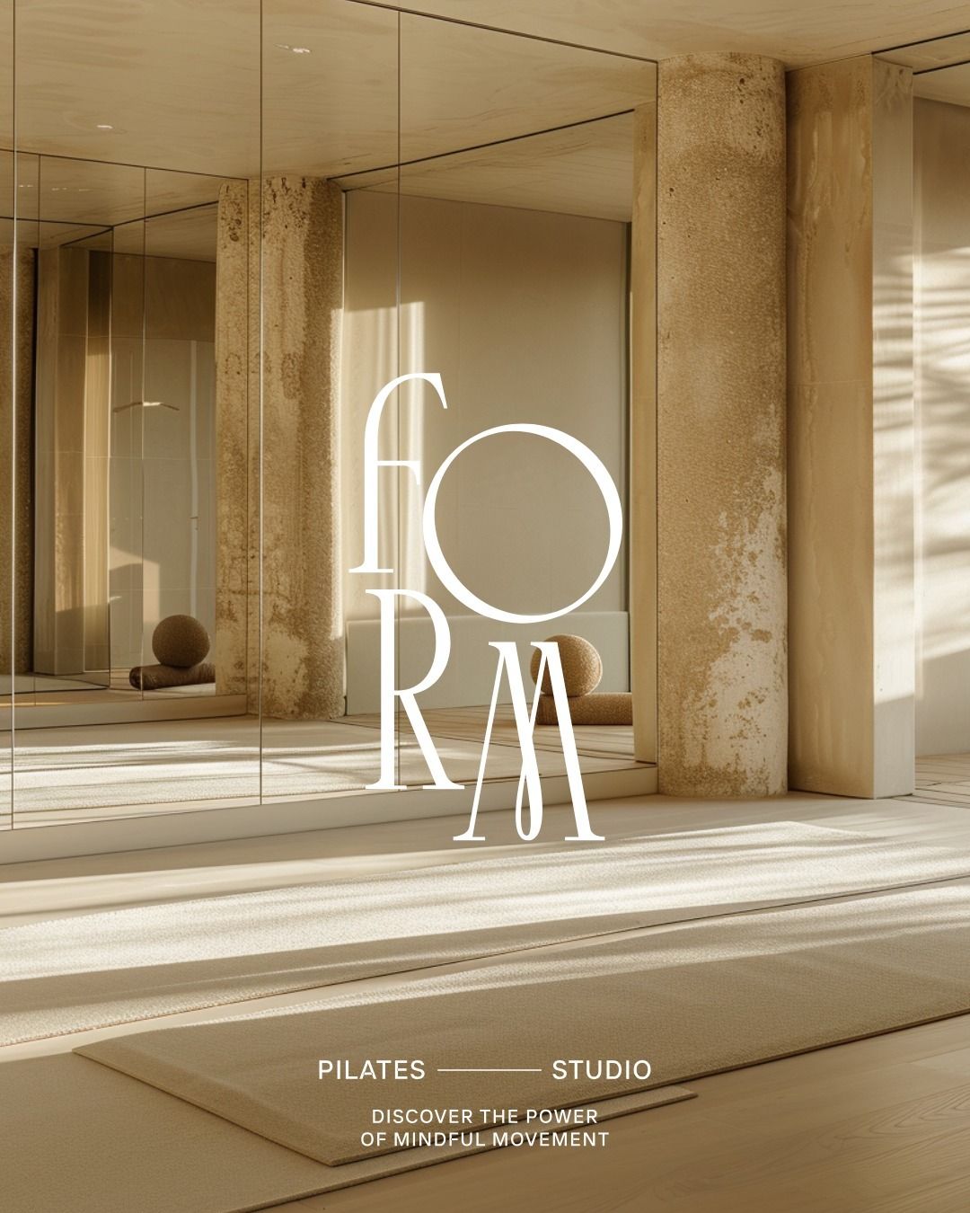 Instagram post: Sunlit minimalist Pilates studio interior with mirrors and stone columns