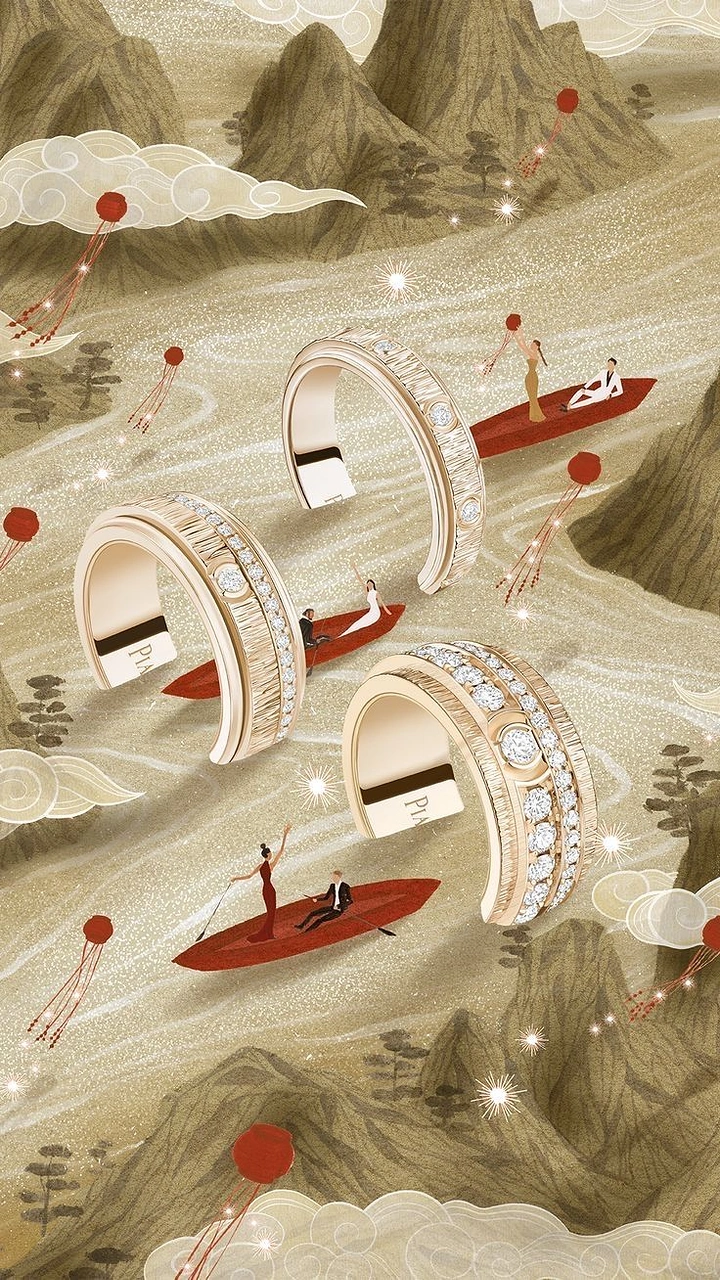 other-festival creative ad: Giant diamond rings floating over an illustrated river