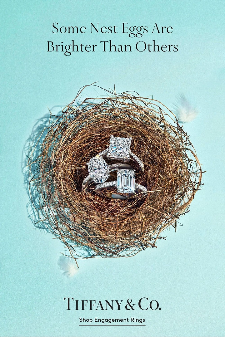 Jewellery creative ad: Three diamond engagement rings nestled in a twig bird's nest