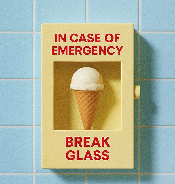 Food & Beverage creative ad: Ice cream cone inside a pastel emergency break-glass box
