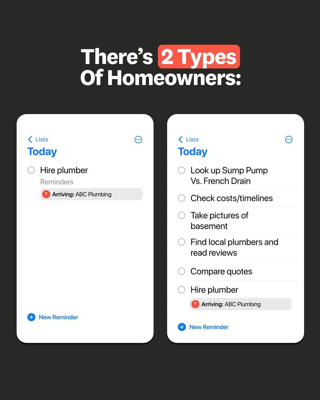 Instagram post: Two to-do lists contrast homeowner types