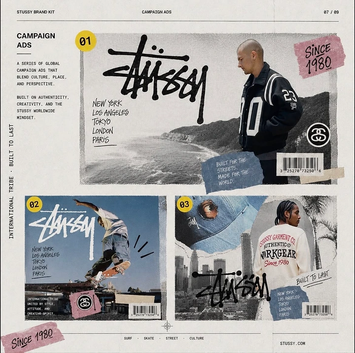 Creative ad: Brand-kit page of three streetwear campaign ads with models, skater and city skyline